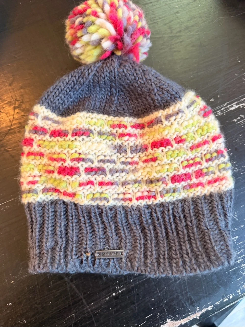 Prana Pom-Pom Beanie Hat - Gray with Multicolor Pattern